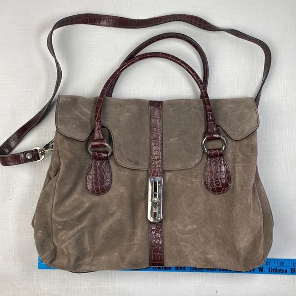 NIQUEA.D Gray SUEDE HOBO BAG! Large Brown Alligator Leather Purse MADE in ITALY - Picture 1 of 16